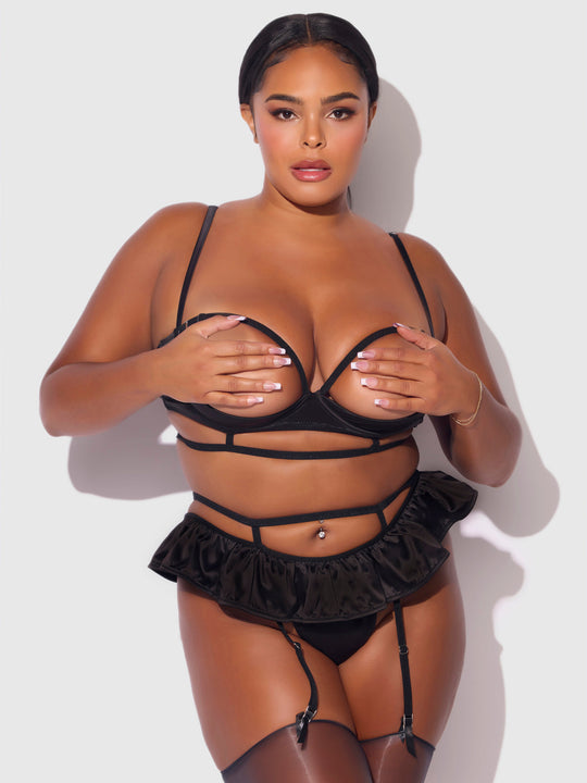 Brigeta Satin Open Cup Bra & Skirted Thong Set from Love It Curvy