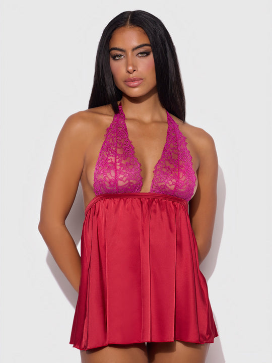 Jocelyn Lace & Satin Drop Off Babydoll & G-String Set from Love It Curvy