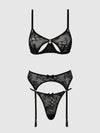 Yvone Lace Open Cup Bra, Crotchless Thong & Garter Set | Love It Curvy