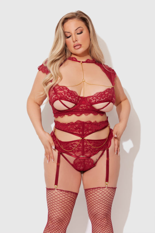 Dezi Lace & Chain Open Cup Bra, Garter & G-String Set from Love It Curvy