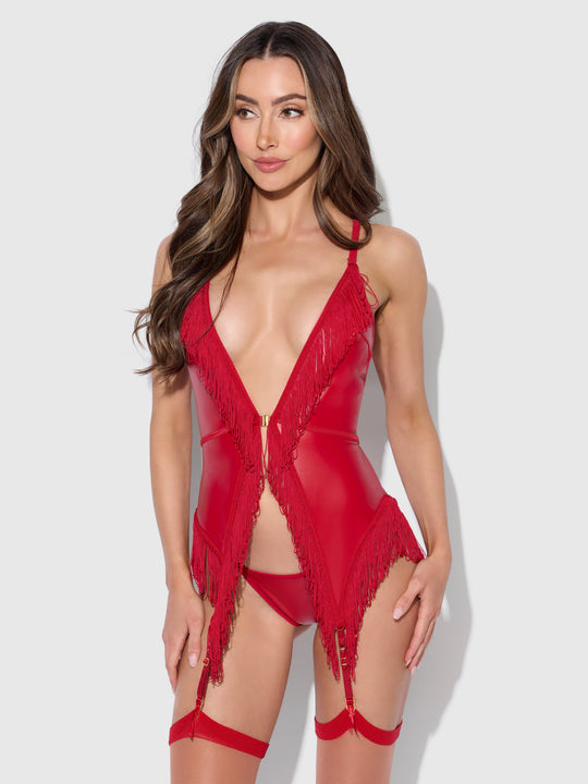 Phoenix Faux Leather & Fringe Chemise & G-String Set from Love It Curvy