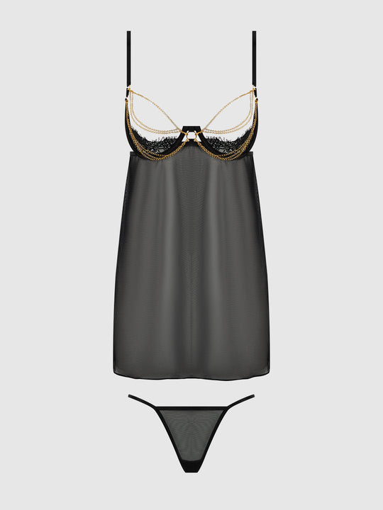 Eve Lace, Chain & Mesh Open Cup Babydoll & G-String Set from Love It Curvy