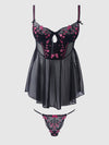 Harper Embroidered Mesh Drop Waist Babydoll & G-String Set from Love It Curvy