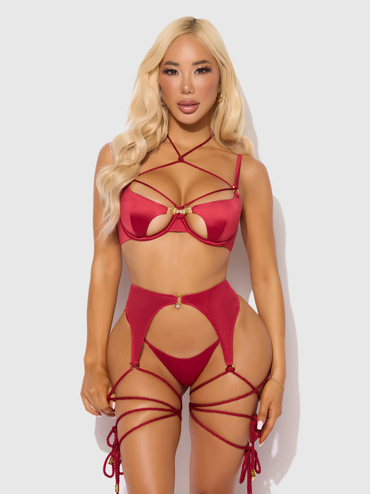 Iryna Silky Micro & Rope Bra, Garter & Thong Set from Love It Curvy