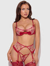 Angelina Lips Embroidery Open Cup Bra, Garter & Bow G-String Set from Love It Curvy