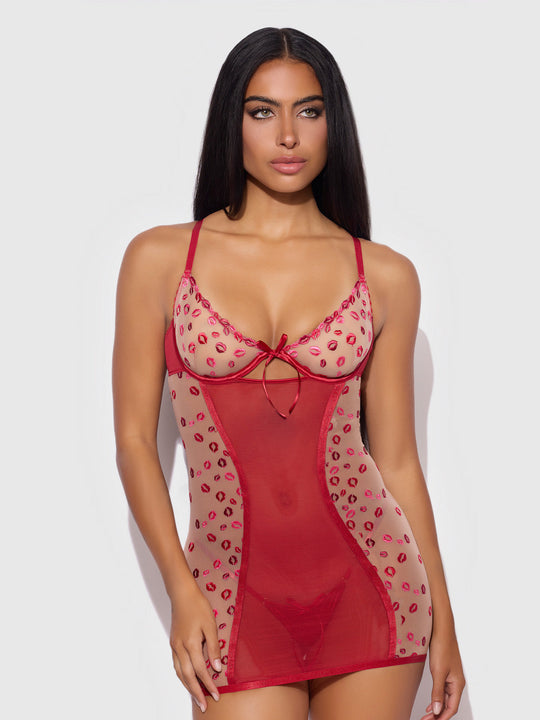 Angelina Lips Embroidery Bow Back Chemise Set from Love It Curvy