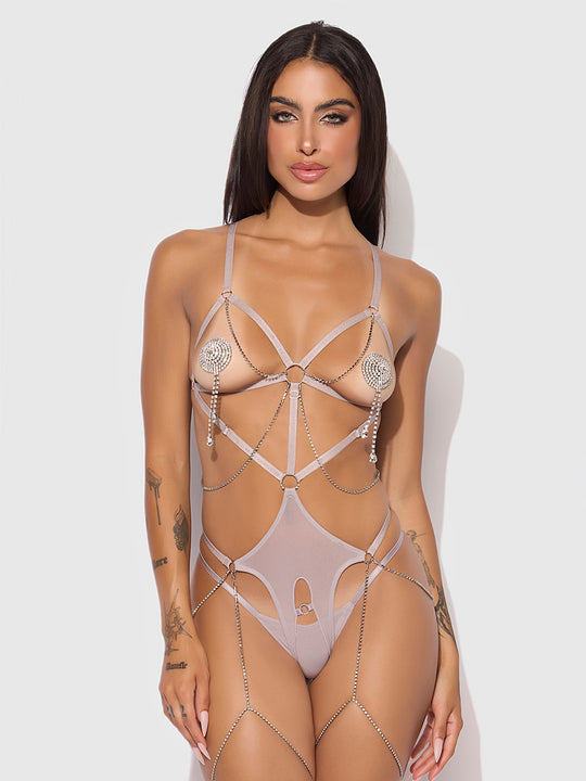 Presley Shine Mesh Open Cup & Crotchless Rhinestone Teddy from Love It Curvy
