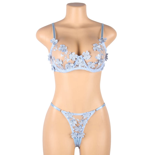 Love It Curvy: Lingerie Set For Plus Size Sheer Lace Bra Set in blue - Love It Curvy