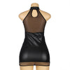 Sexy Solid Black Color Halter Leather Lingerie Dress - Love It Curvy