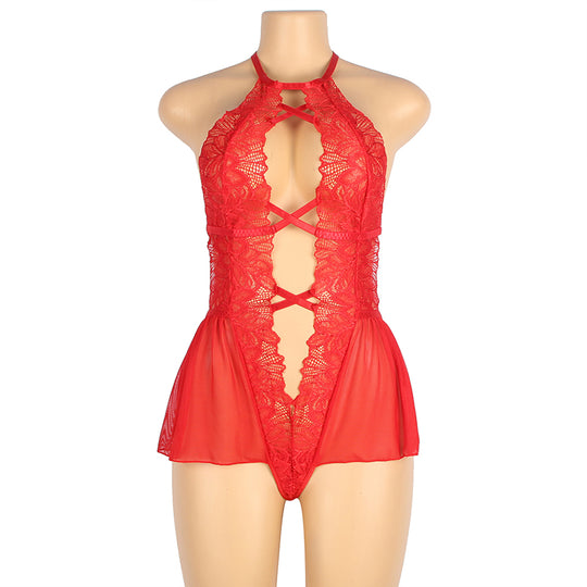 Love It Curvy: Mesh Halter Backless Floral Patterns Teddy Lingerie Red/Black in red - Love It Curvy
