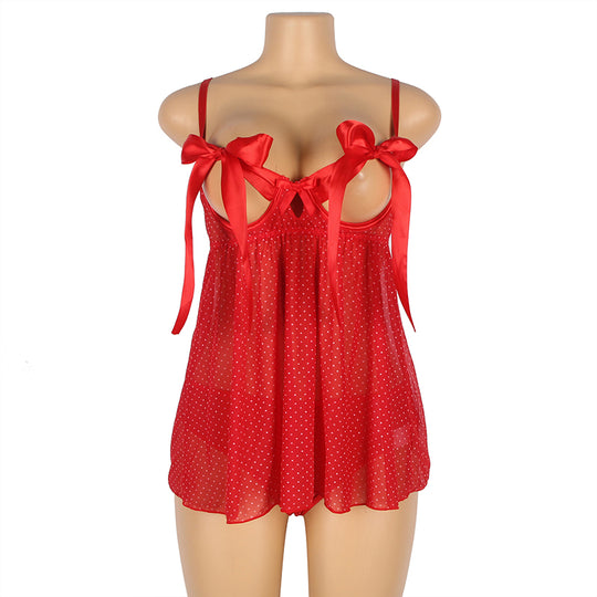 Love It Curvy: Red Bow-Knot Cutout Out Bra Open Back Side Babydoll in red - Love It Curvy