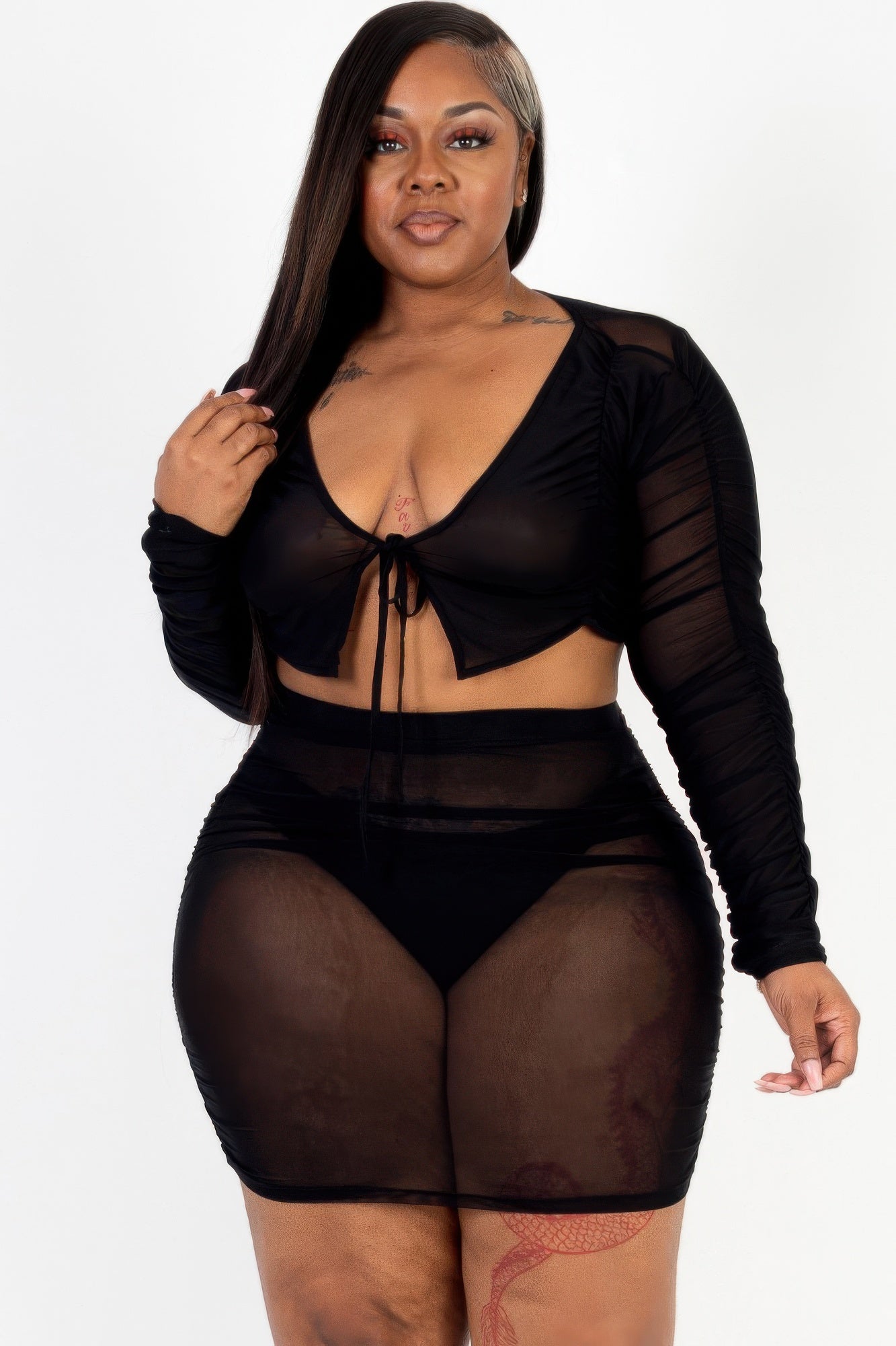 Plus Size Sheer Mesh Tie Front Crop Top & Ruched Side Mini skirt - Love it Curvy
