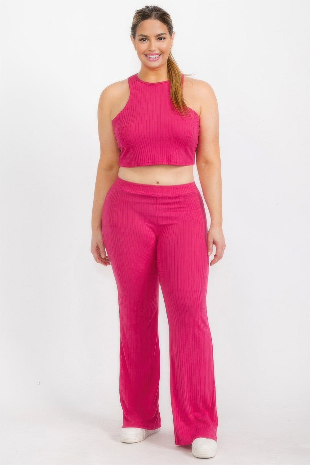 Plus Ribbed Cropped Top And Bootcut Pants Sets - Love it Curvy