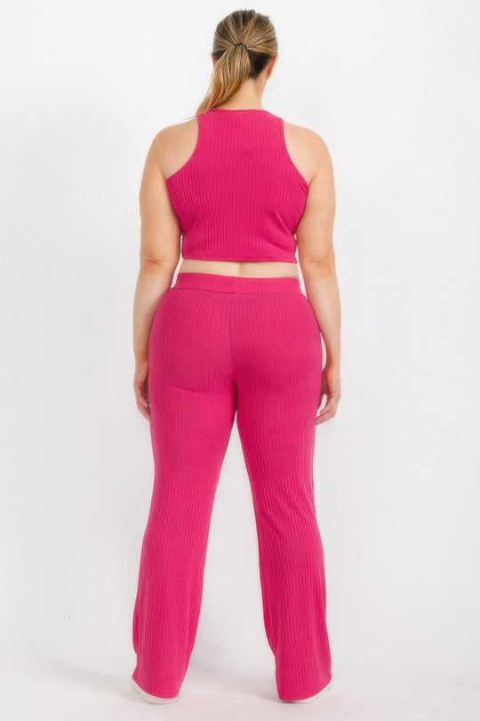 Plus Ribbed Cropped Top And Bootcut Pants Sets - Love it Curvy
