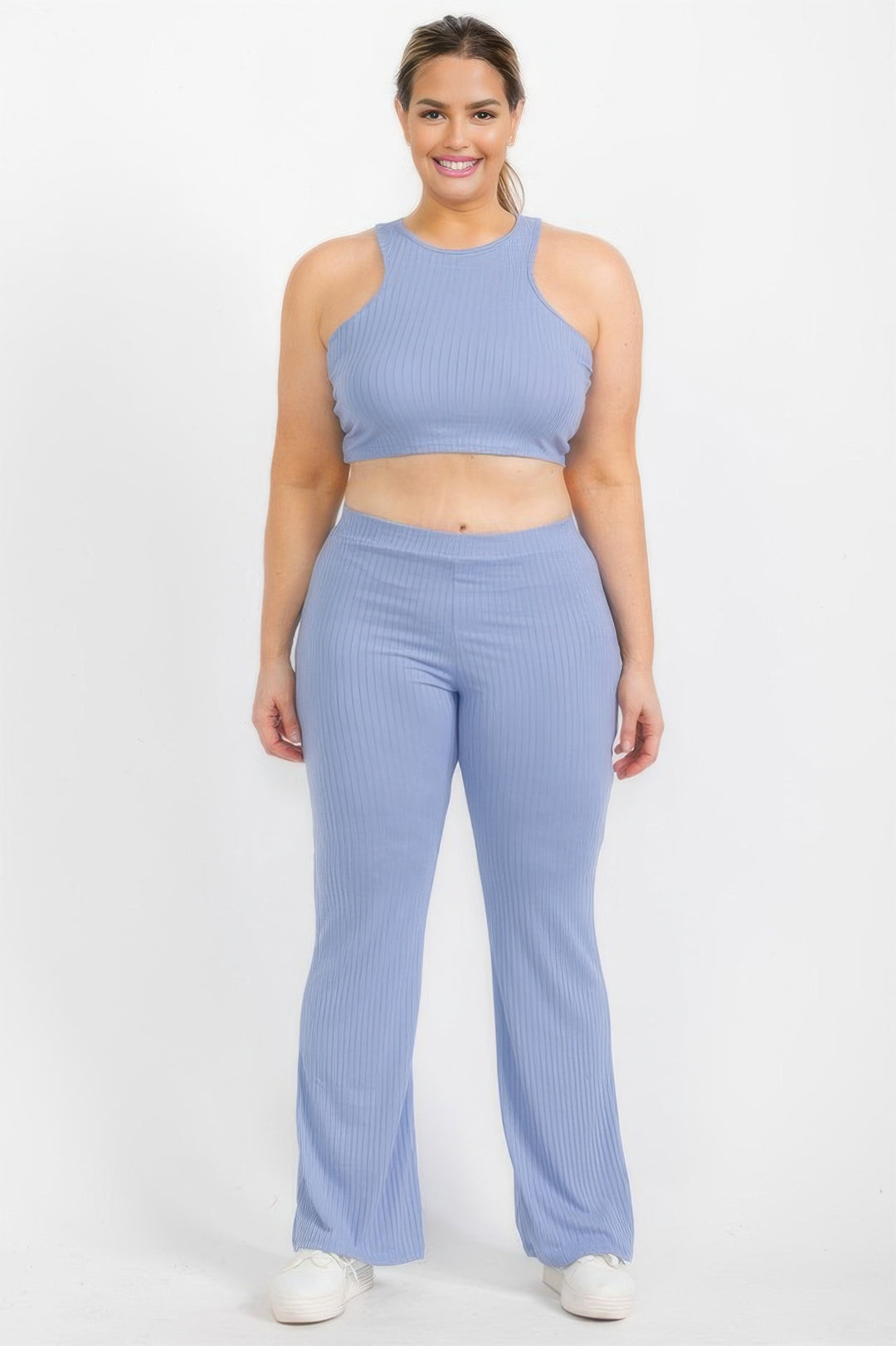 Plus Ribbed Cropped Top And Bootcut Pants Sets - Love it Curvy