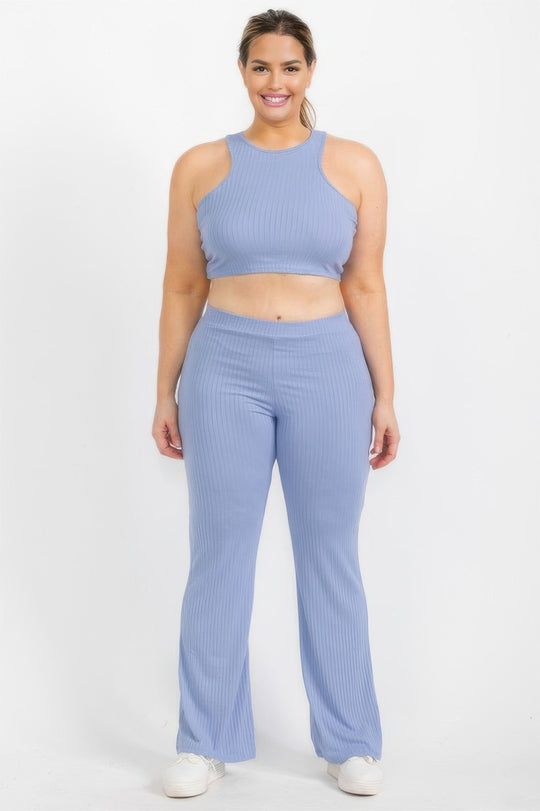 Plus Ribbed Cropped Top And Bootcut Pants Sets - Love it Curvy