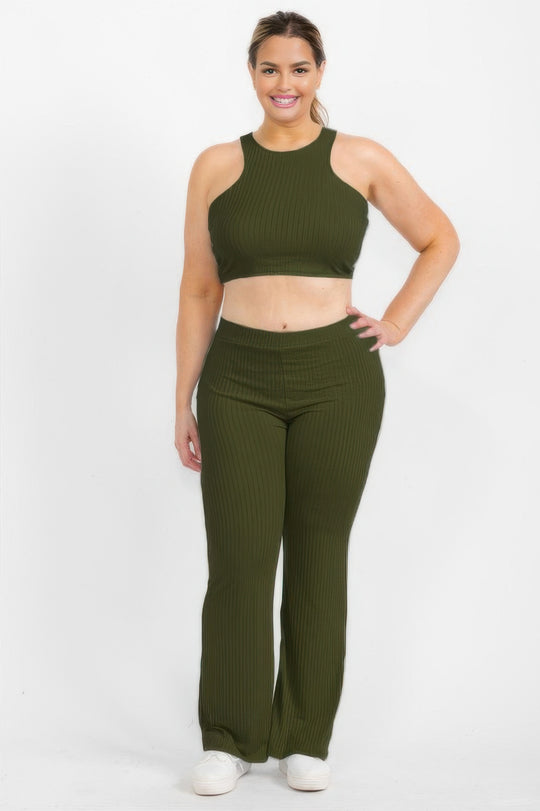 Plus Ribbed Cropped Top And Bootcut Pants Sets - Love it Curvy