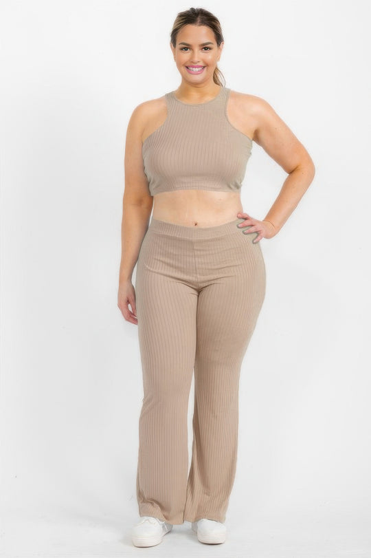 Plus Ribbed Cropped Top And Bootcut Pants Sets - Love it Curvy