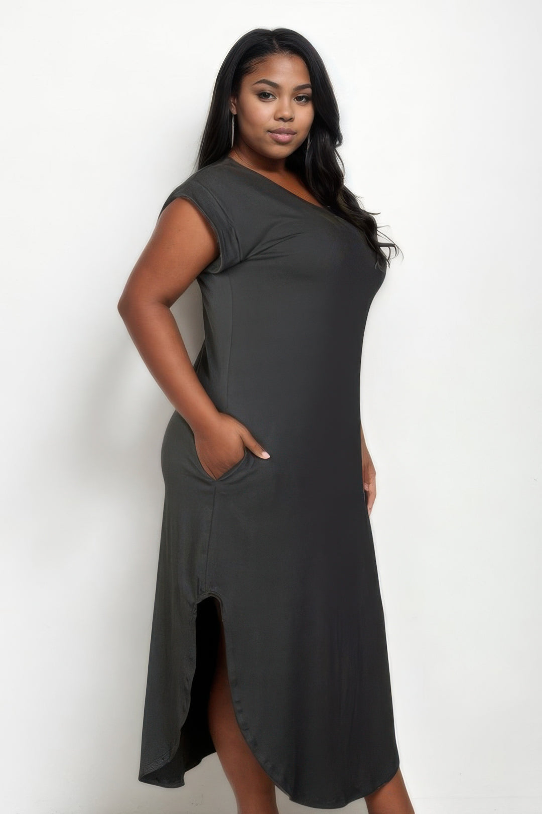 Plus Size Hidden Pocket Batwing Sleeve V Neck Long Dress - Love it Curvy