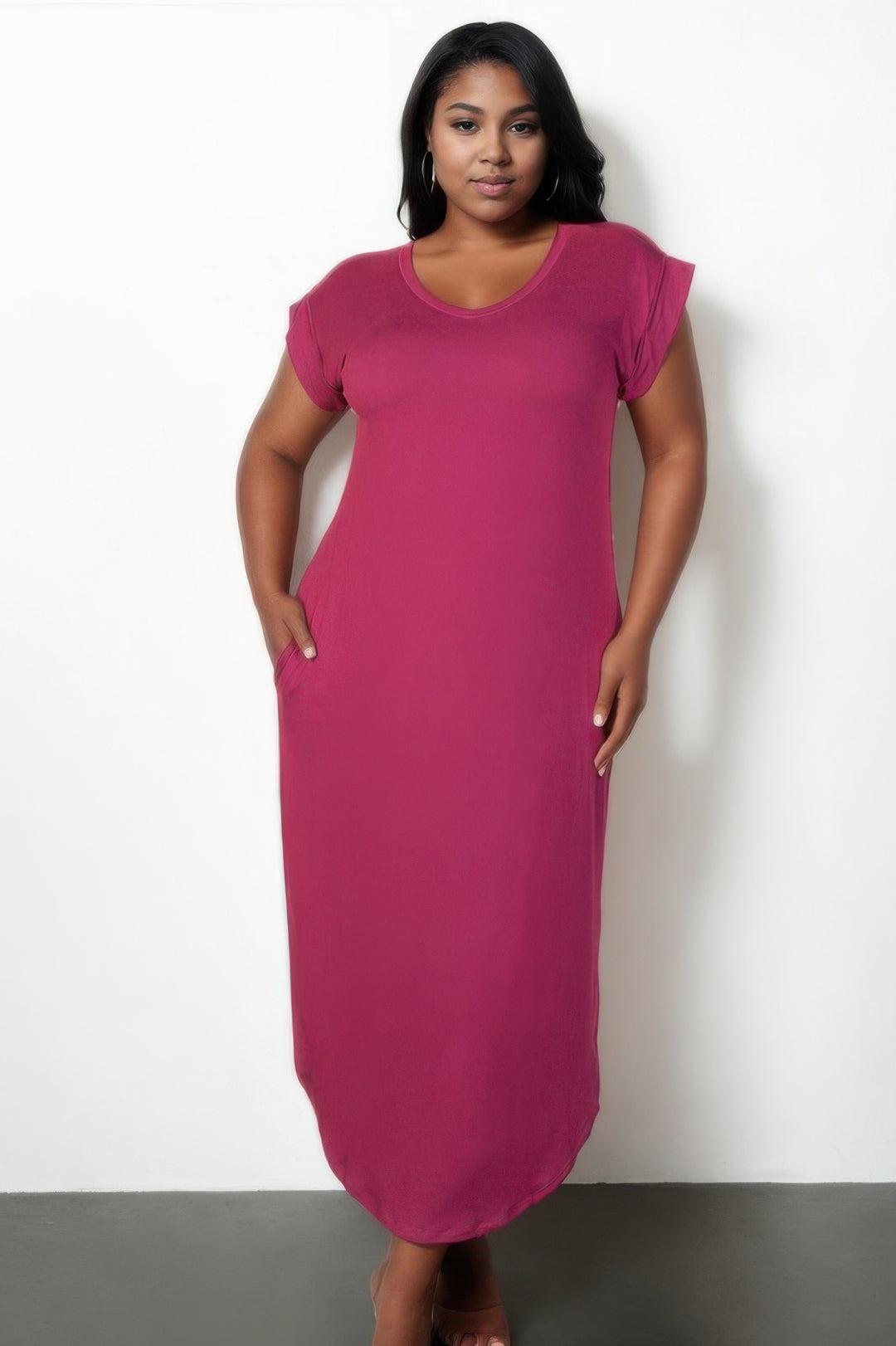 Plus Size Hidden Pocket Batwing Sleeve V Neck Long Dress - Love it Curvy