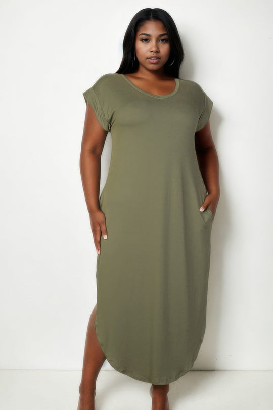 Plus Size Hidden Pocket Batwing Sleeve V Neck Long Dress - Love it Curvy
