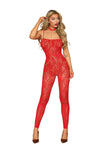 Front view of the red Poinsetta lace bodystocking and harness
