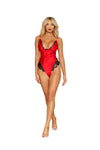 Full-length front view of a model wearing the Poinsetta red satin teddy with black lace
