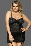Woman wearing a black lace lingerie set on a white background