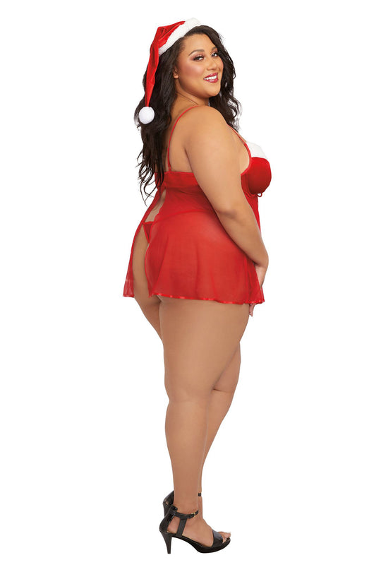 Santa Babydoll, Thong and Hat - 3x - Lipstick Red - Love it Curvy