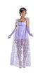 Woman wearing a purple lace dress with gloves on a white background