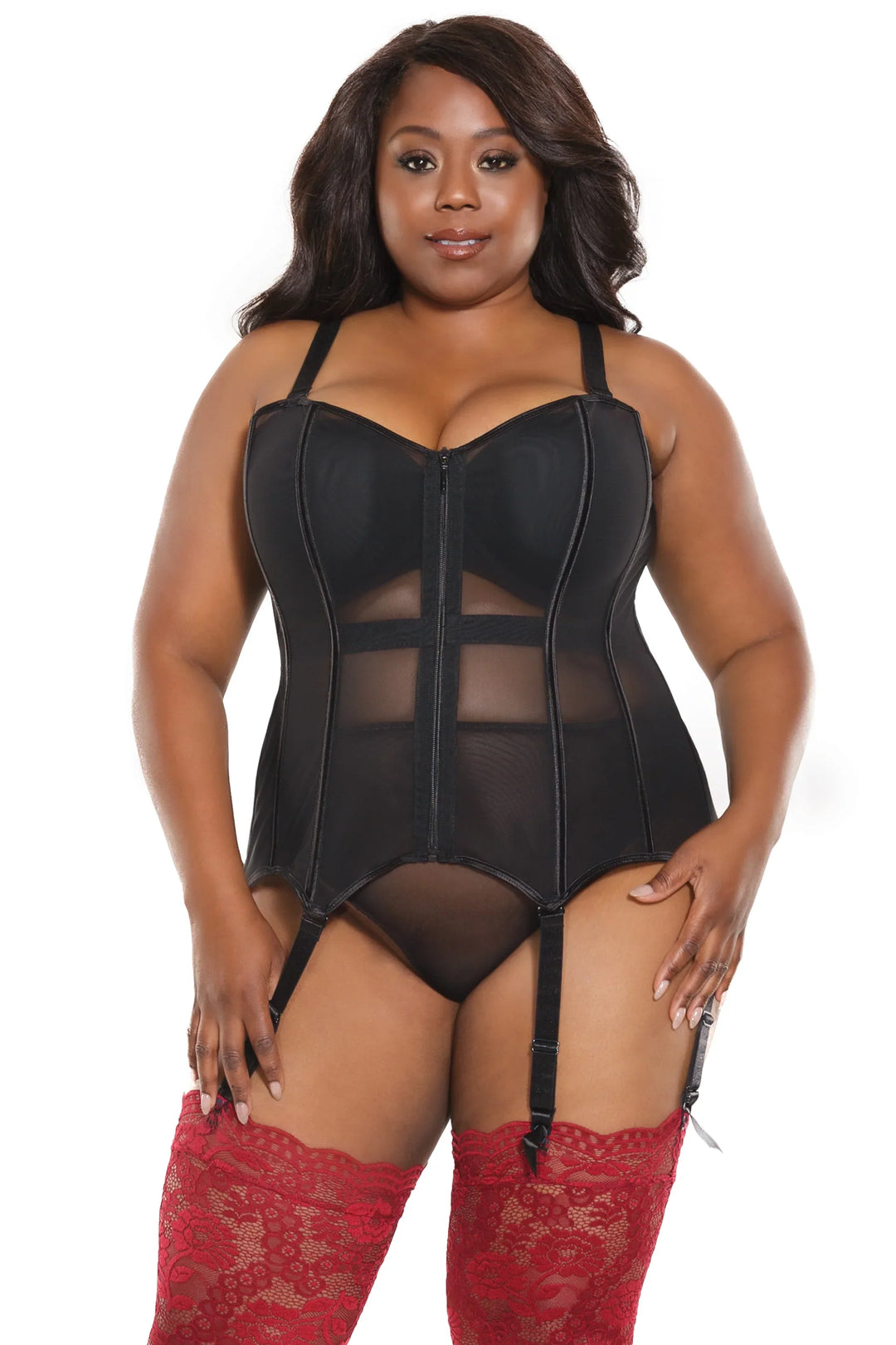 Black Corset Elegance Redefined – Zipper Front, Lace-Up Back, Plus Sizes (23108) - Love it Curvy