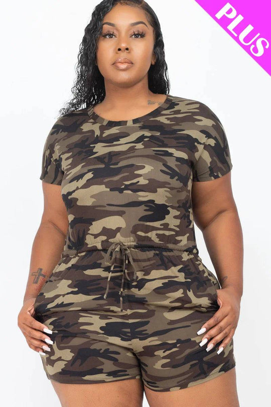 Plus Size Camo Printed Short Sleeve Casual Summer Romper - Love it Curvy