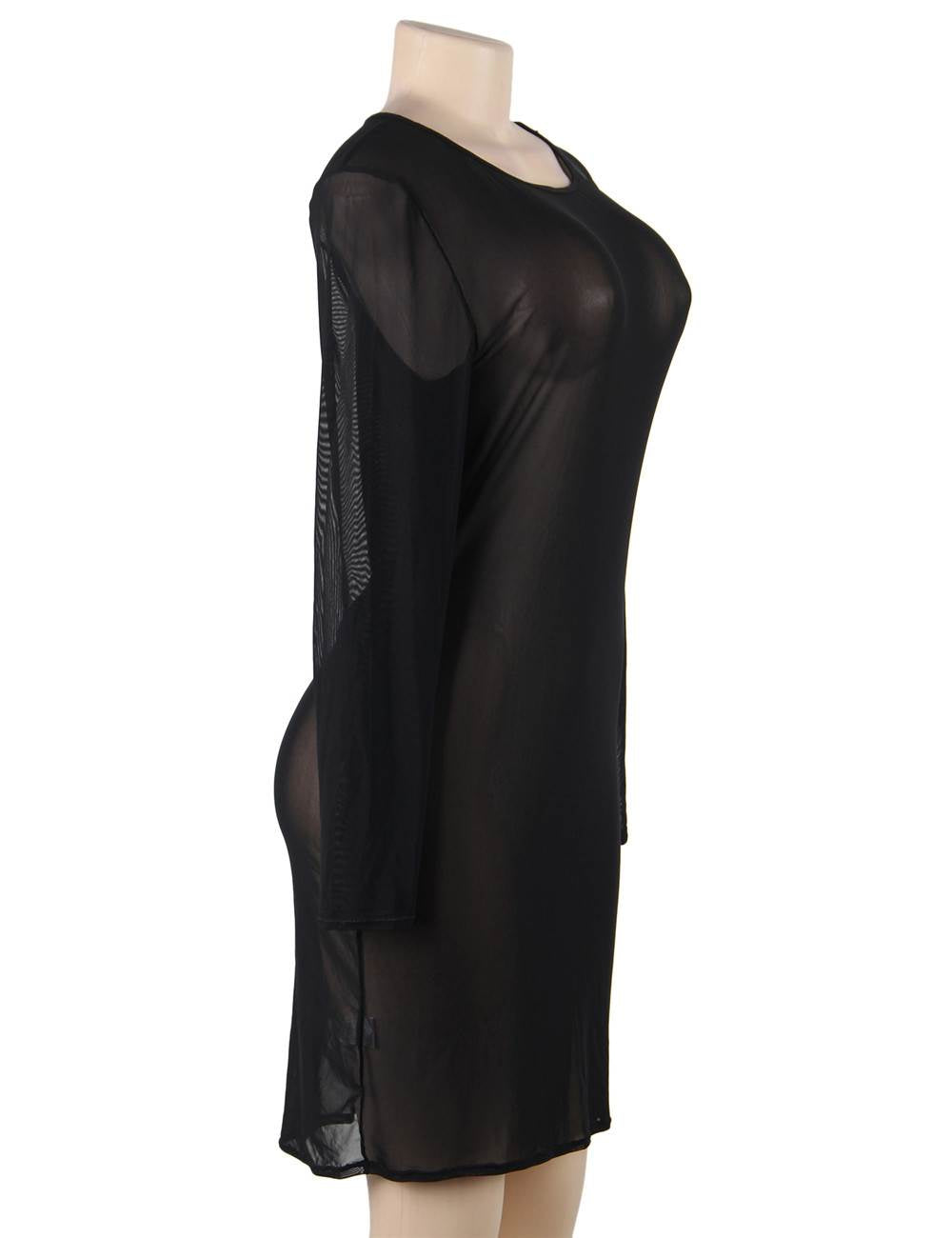 Plus Size Black Sexy Fashion Perspective Gauze Long Sleeve Women Dress - Love it Curvy