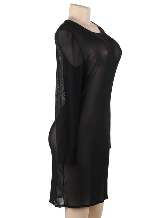 Plus Size Black Sexy Fashion Perspective Gauze Long Sleeve Women Dress - Love it Curvy