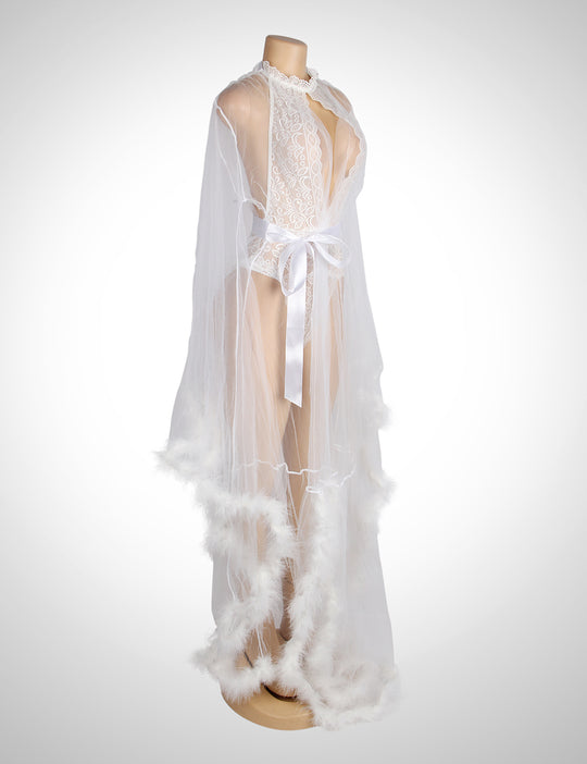 Plus Size White Faux Fur Robe & Teddy Lingerie Set in white-1 - Love It Curvy