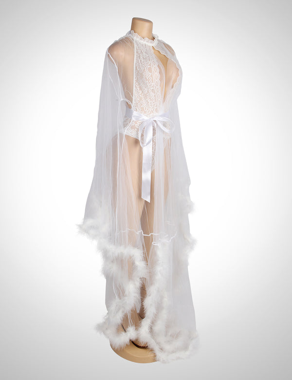 Plus Size White Faux Fur Robe & Teddy Lingerie Set in white-1 - Love It Curvy