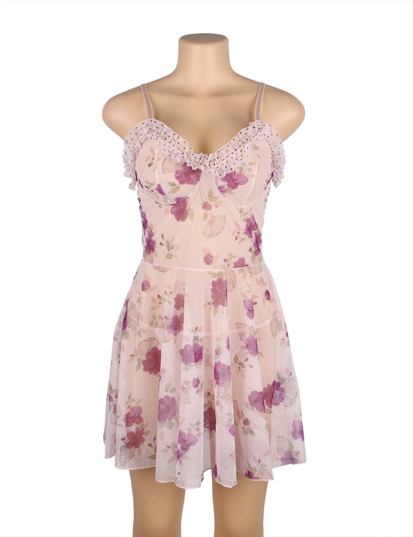 Plus size floral mesh babydoll lingerie set with ruffle details in purple, image 1