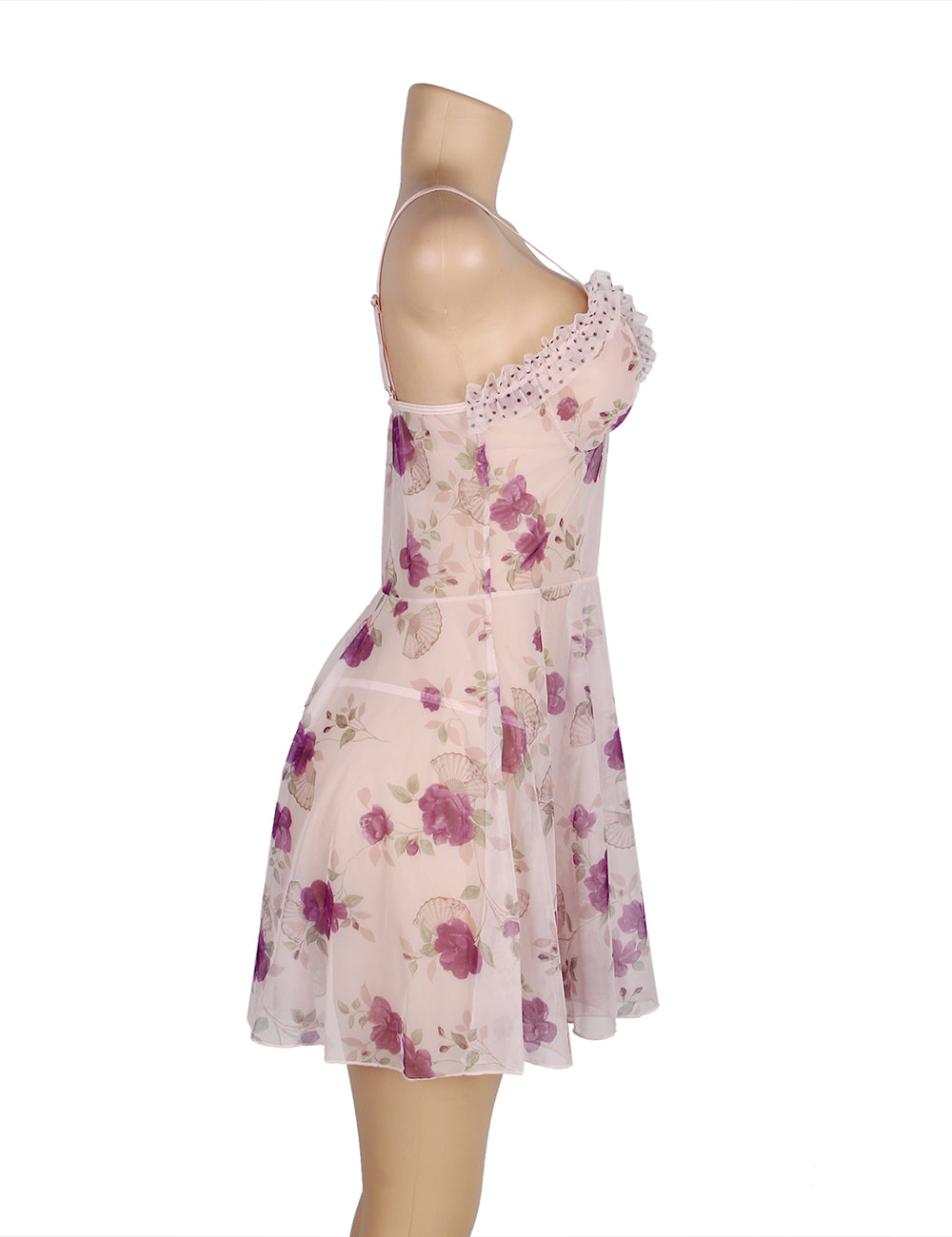 Plus size floral mesh babydoll lingerie set with ruffle details, image 9