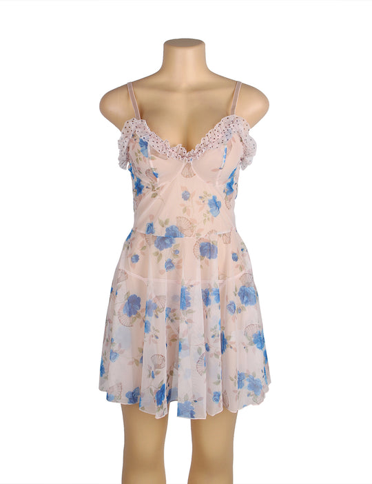 Plus size floral mesh babydoll lingerie set with ruffle details in purple, image 2