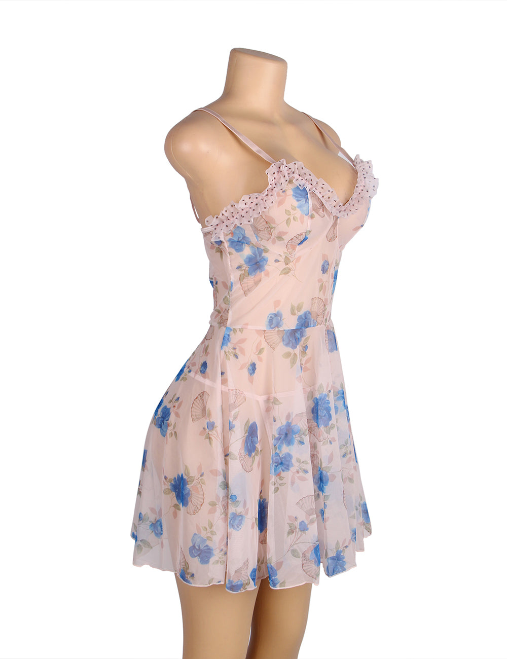 Plus size floral mesh babydoll lingerie set with ruffle details, image 5