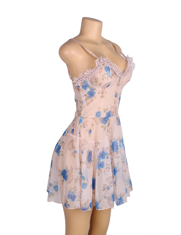 Plus size floral mesh babydoll lingerie set with ruffle details, image 5