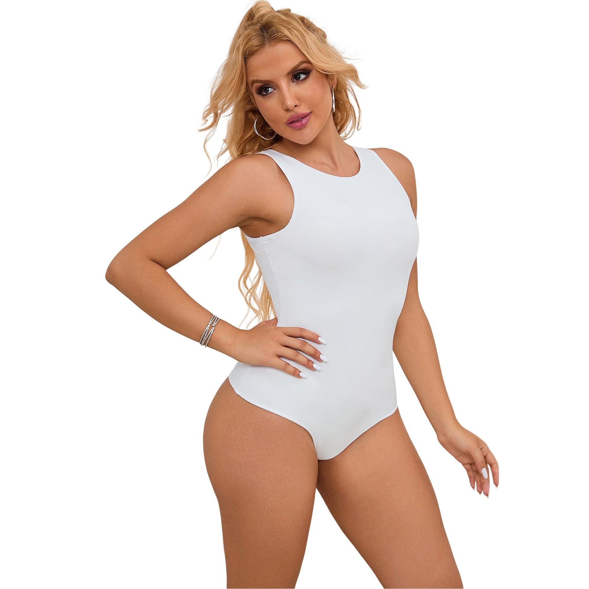 White Simple Sleeveless Open Crotch Bodysuit at Love It Curvy