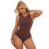 Brown Simple Sleeveless Open Crotch Bodysuit at Love It Curvy