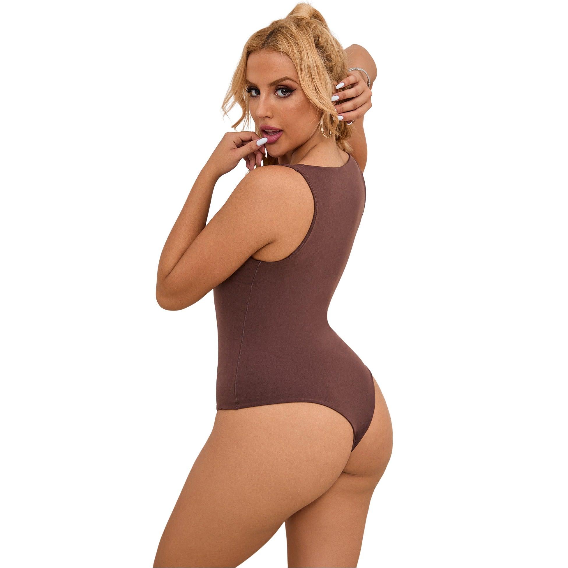 Brown Simple Sleeveless Open Crotch Bodysuit at Love It Curvy