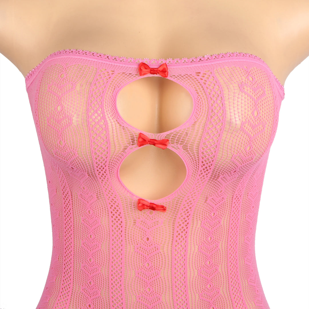 Plus Size Heart Mesh Bow Bodystocking Two-Piece Set - Love It Curvy
