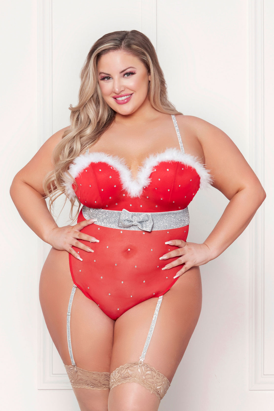 Rhinestone Studded Mesh Teddy With Marabou Trim - X-Large - Red - Love it Curvy