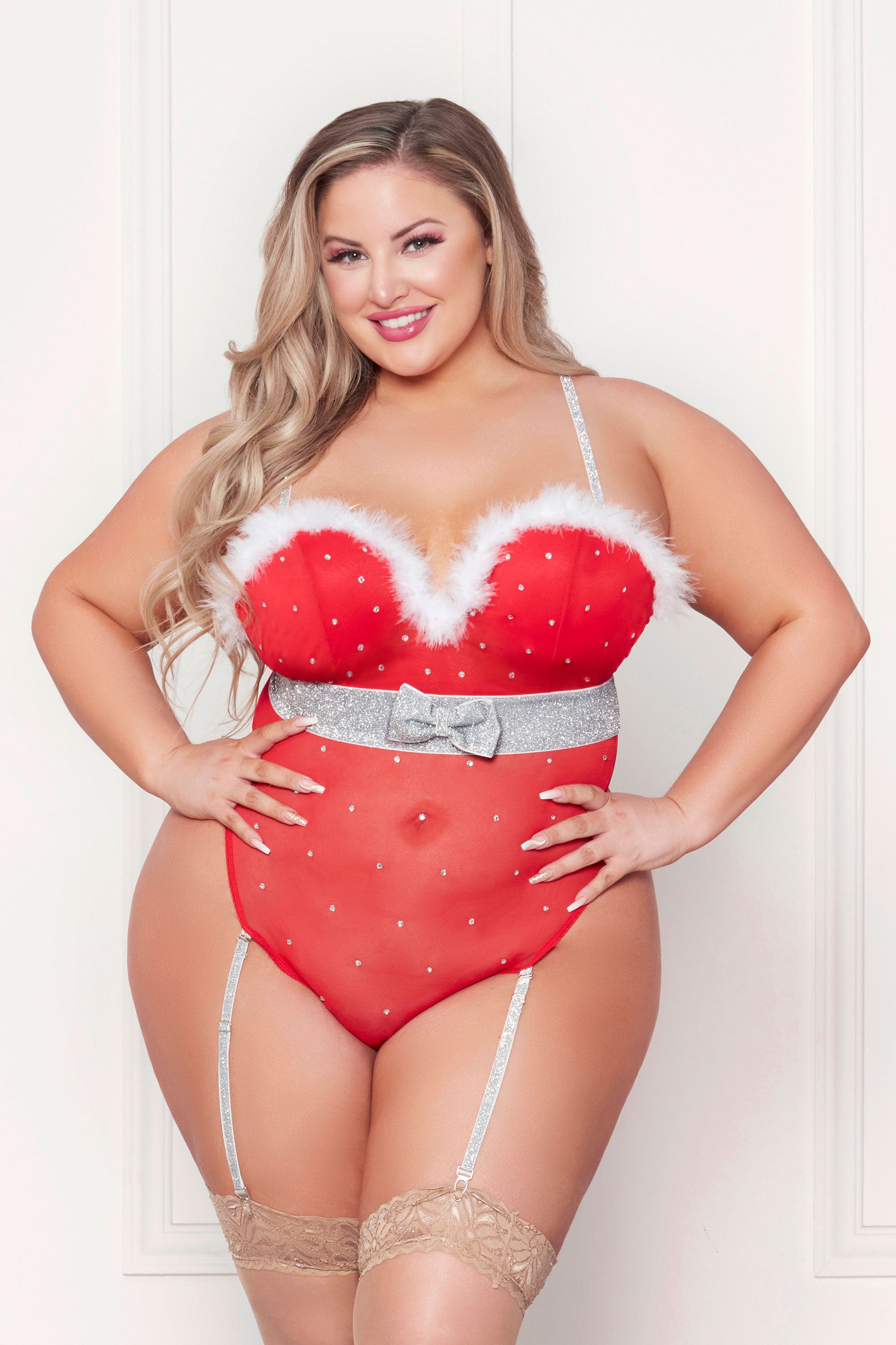 Rhinestone Studded Mesh Teddy With Marabou Trim - X-Large - Red - Love it Curvy