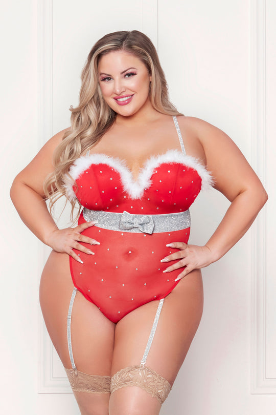 Rhinestone Studded Mesh Teddy With Marabou Trim - X-Large - Red - Love it Curvy