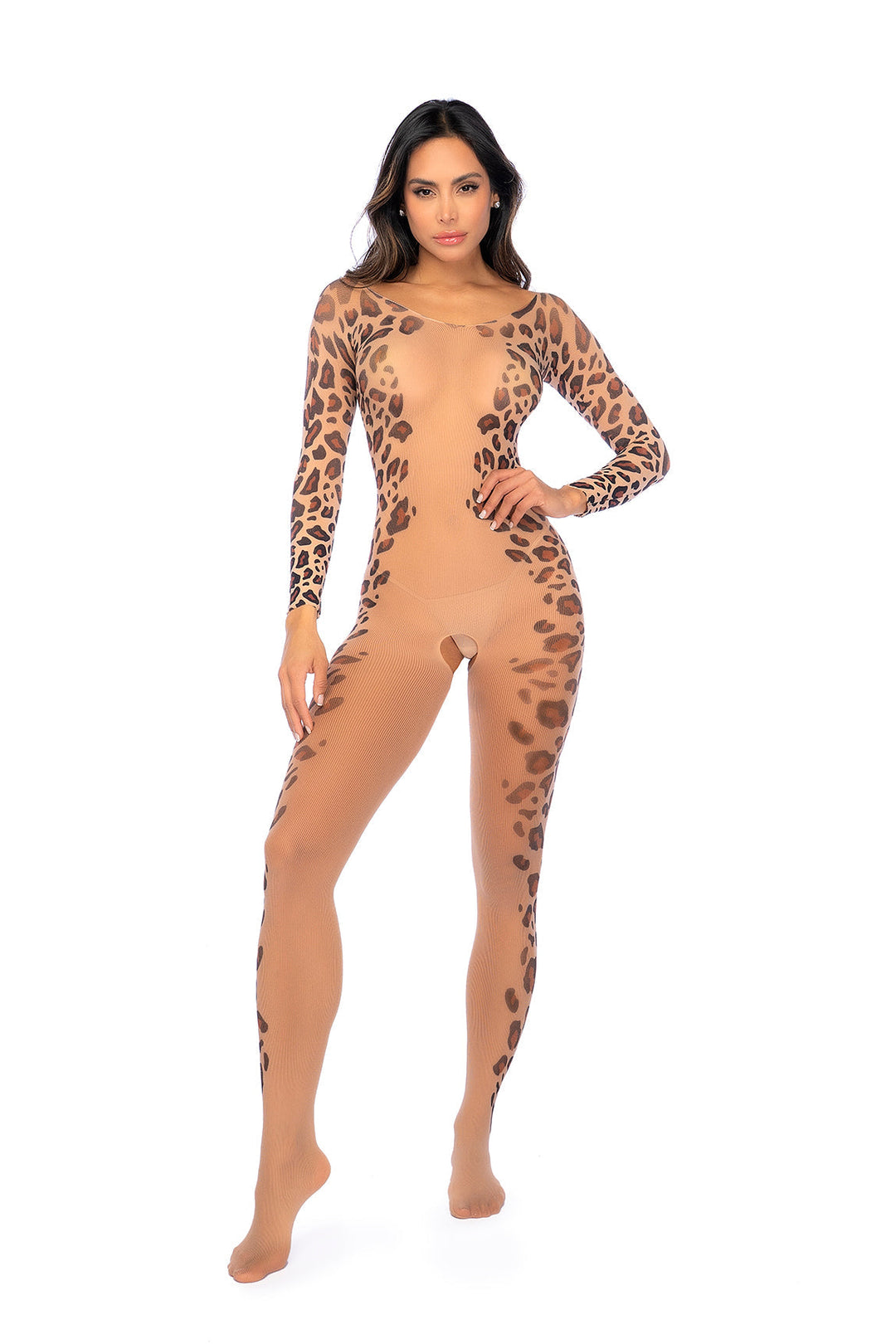 Long Print Sleeve Leopard Mesh Bodystocking by Mapale at Love It Curvy