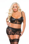 Lace & Wet Look Top & Garter 3 Piece Set